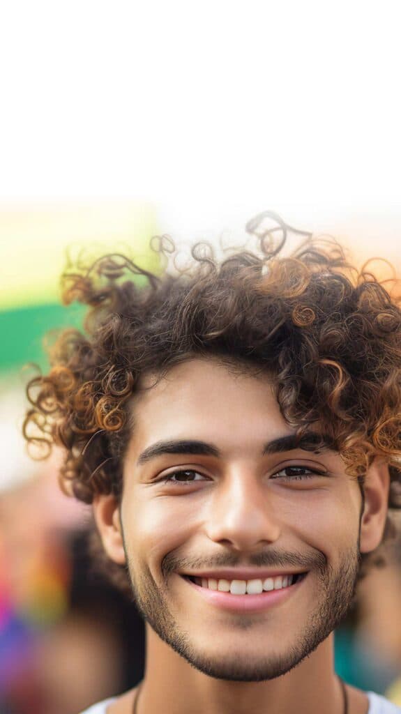 Junger Mann mit lockigem Haar und freundlichem Lächeln schaut direkt in die Kamera; im Hintergrund verschwommene Farben einer Regenbogenflagge.