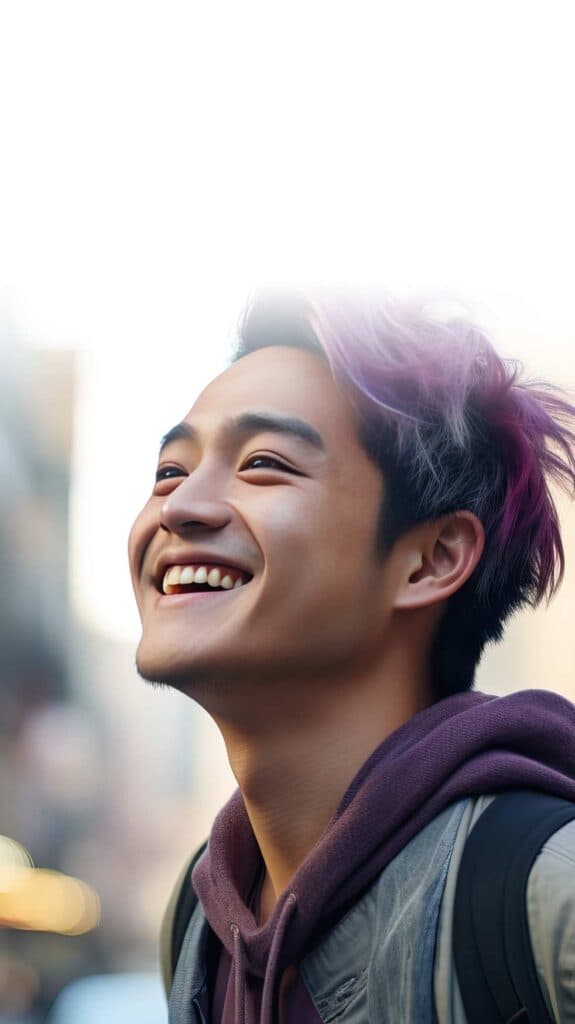 Lächelnder junger Mann mit lilafarbenen Haarsträhnen blickt nach oben; im Hintergrund verschwommene Stadtlichter.