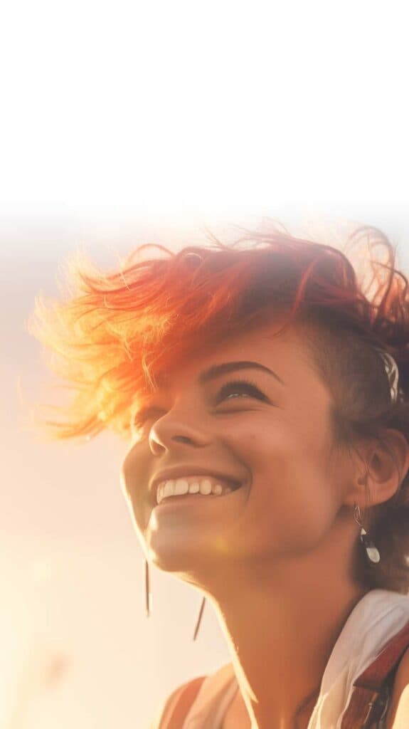 Junge, glückliche lesbische Frau mit leuchtend orangerotem Haar lächelt stolz beim Feiern des LGBTQ-Festivals „Gay Pride“ in der Abendsonne.