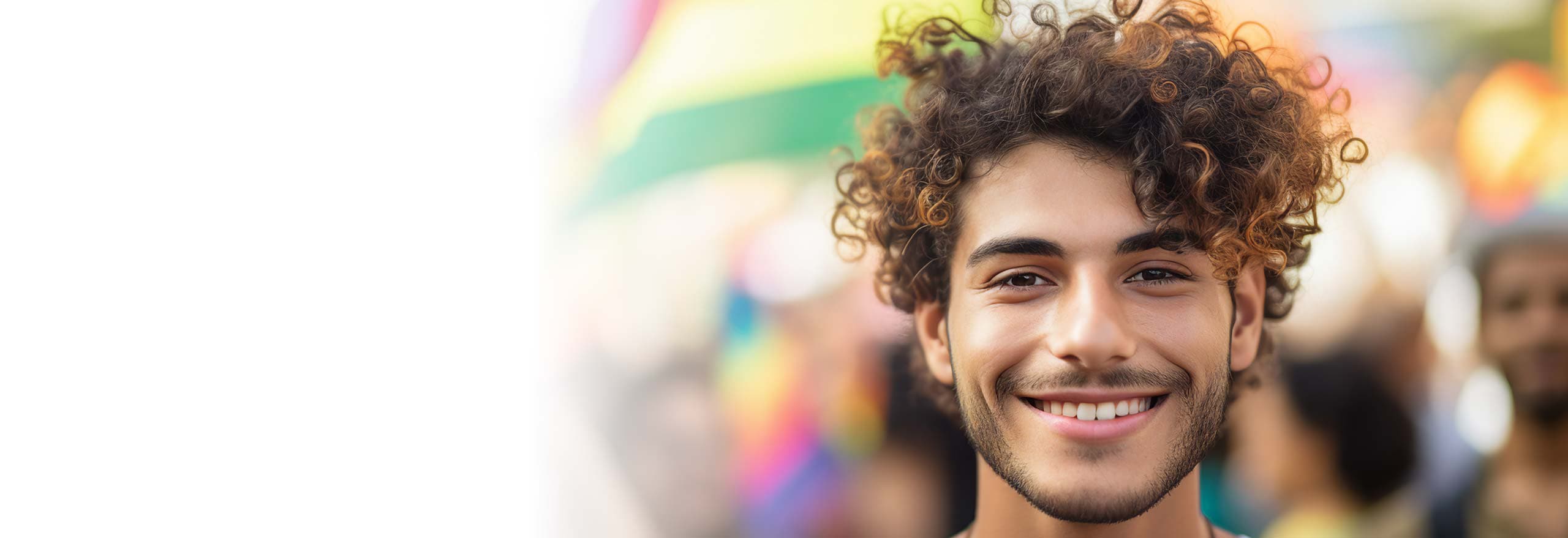 Junger Mann mit lockigem Haar und freundlichem Lächeln schaut direkt in die Kamera; im Hintergrund verschwommene Farben einer Regenbogenflagge.
